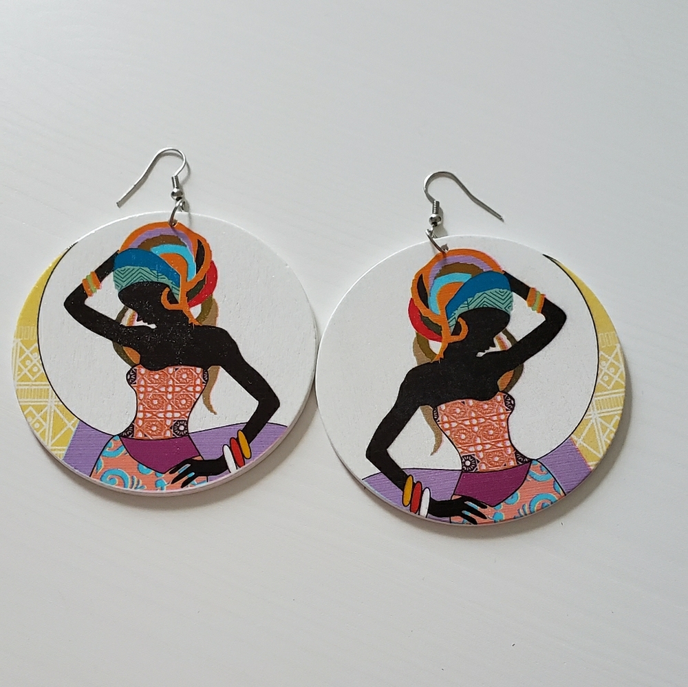 African Woman Colorful Wooden Earrings!
